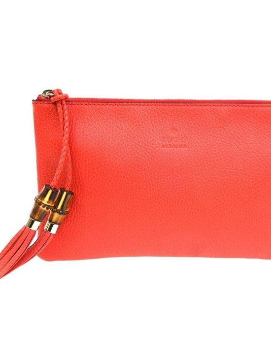 Gucci Handbags - GUCCI Logo Bamboo Charm Clutch Pouch Bag Pebbled Leather Red Italy 61KC890